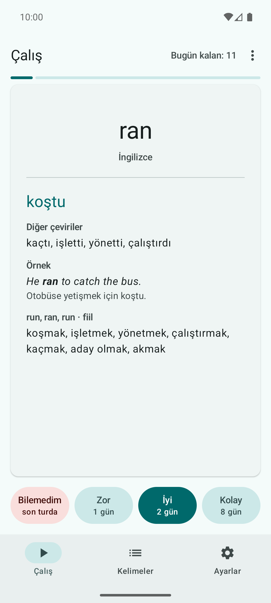 Tekrar kartının arka yüzü: kelimenin detayı ve Bilemedim, Zor, İyi, Kolay butonları.